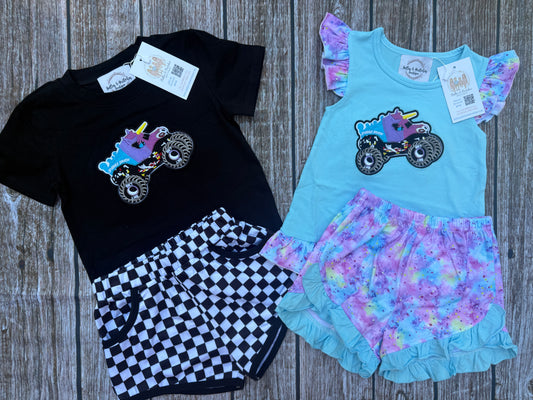 Boys and girls sibling matching monster truck short sets with colorful embroidery, checkerboard shorts and ruffle details