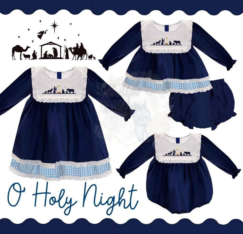 O Holy Night girls Christmas nativity dress and bloomer set in navy with embroidered nativity scene, lace and blue gingham details
