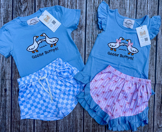 Oh My Goose Bumps sibling matching outfits for boys and girls with embroidered geese and coordinating blue and pink shorts