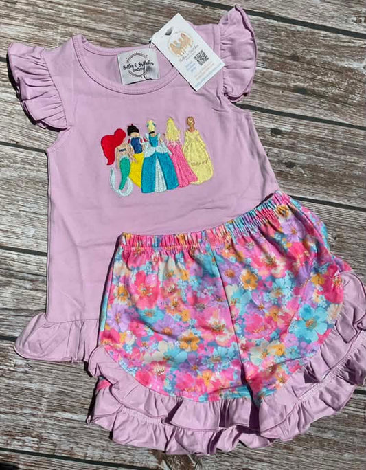 Princess Sketch girls embroidered short set with lavender ruffle top and colorful floral ruffle shorts