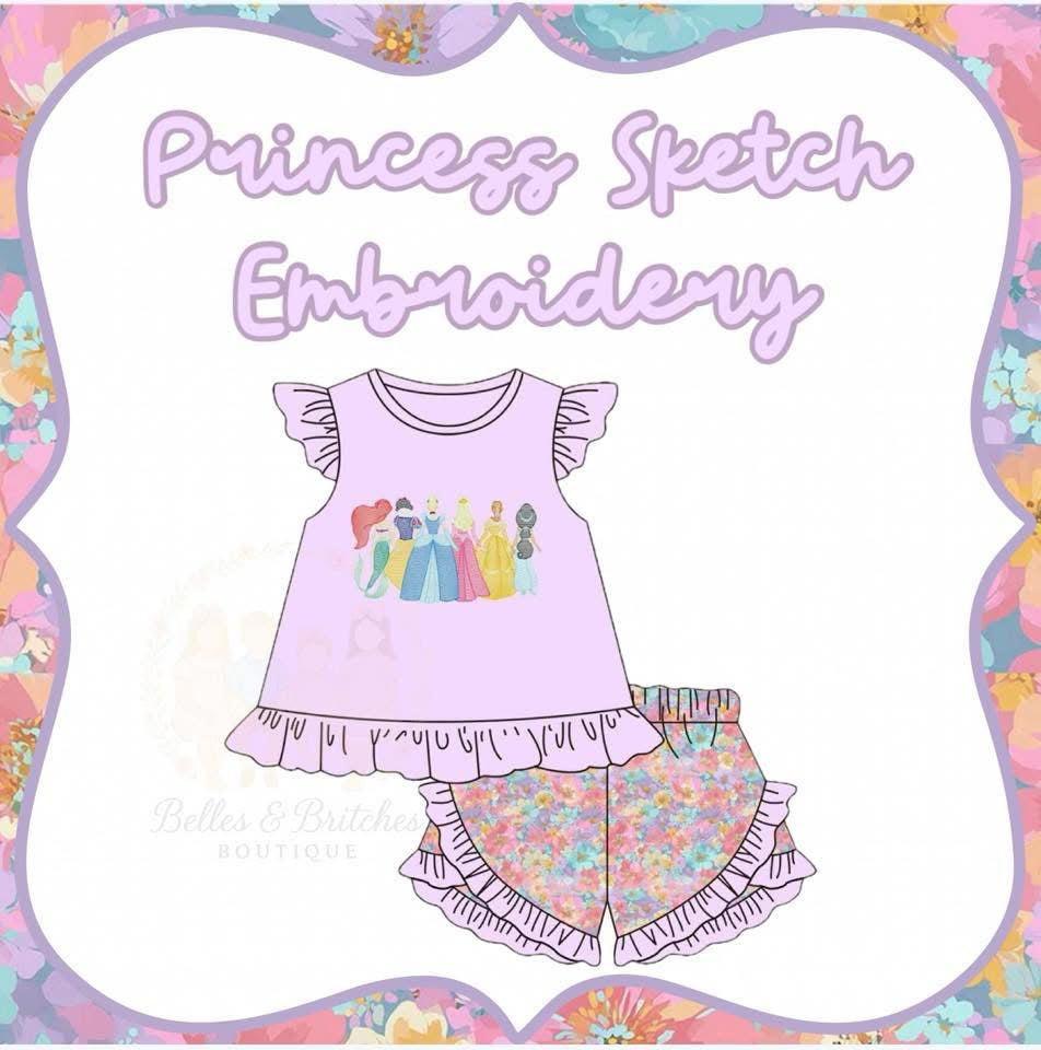 Princess Sketch girls short set with storybook princess embroidery, pink ruffle top and pastel floral ruffle shorts