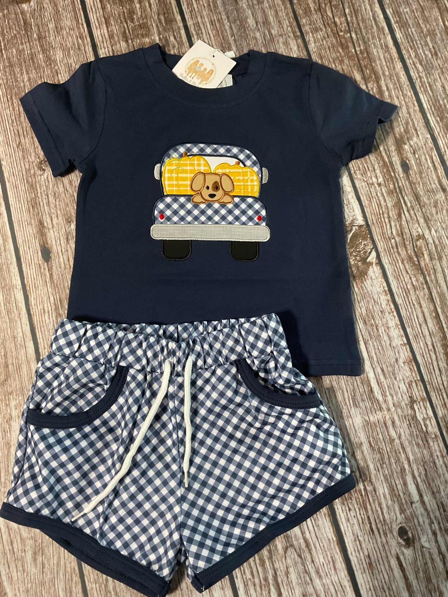 Pup in the Pumpkin Patch boys fall short set with navy puppy and pumpkin truck appliqué shirt and navy gingham drawstring shorts.
