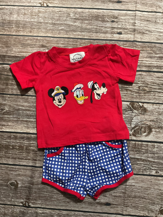 Boys red nautical character shirt with blue and white checkered shorts and red trim