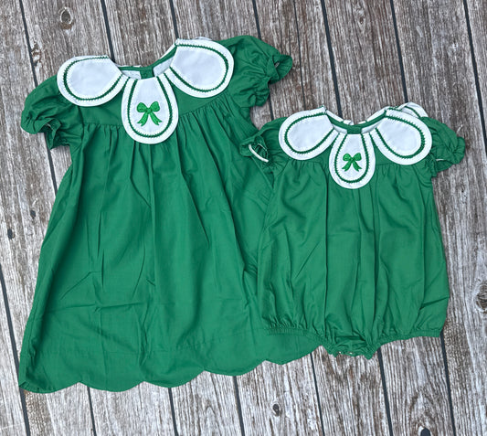 Sarah Kate’s Petals green girls dress and bubble with white petal collar, green embroidered bow, puff sleeves, and scalloped hems.