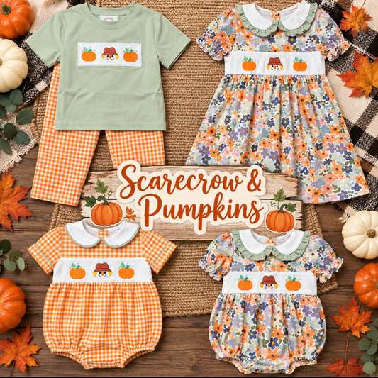 Scarecrow and pumpkin fall sibling collection with girls floral dress and bubble, boys gingham bubble and pant set