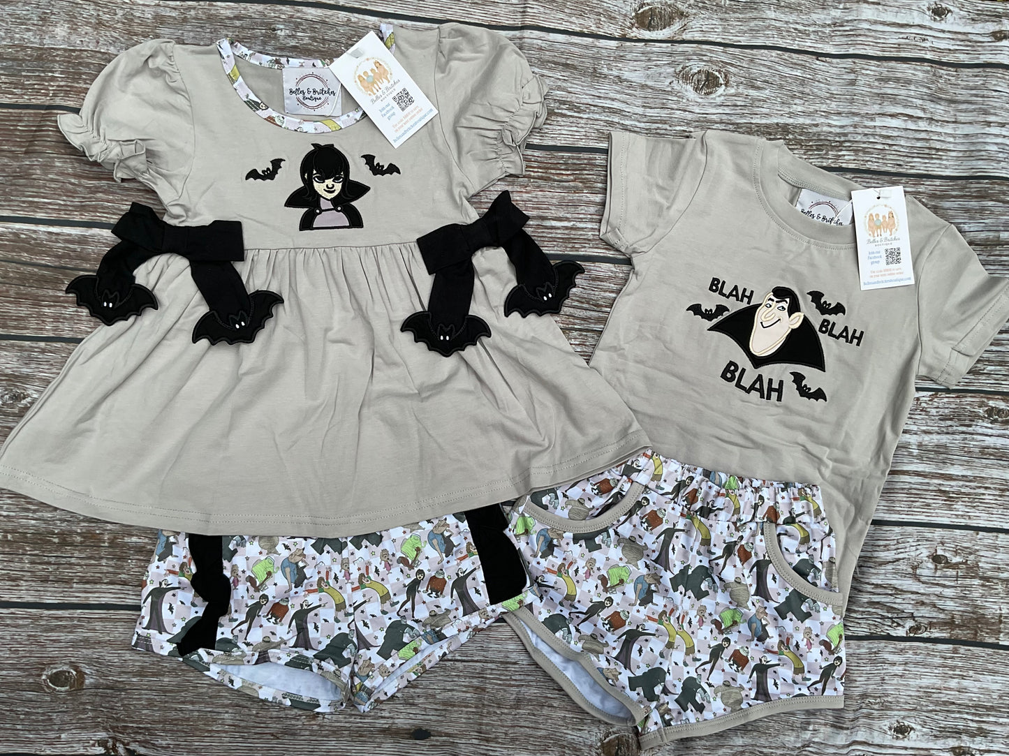 Spooky Monsters Halloween sibling matching short sets for girls and boys with bats and coordinating spooky print shorts