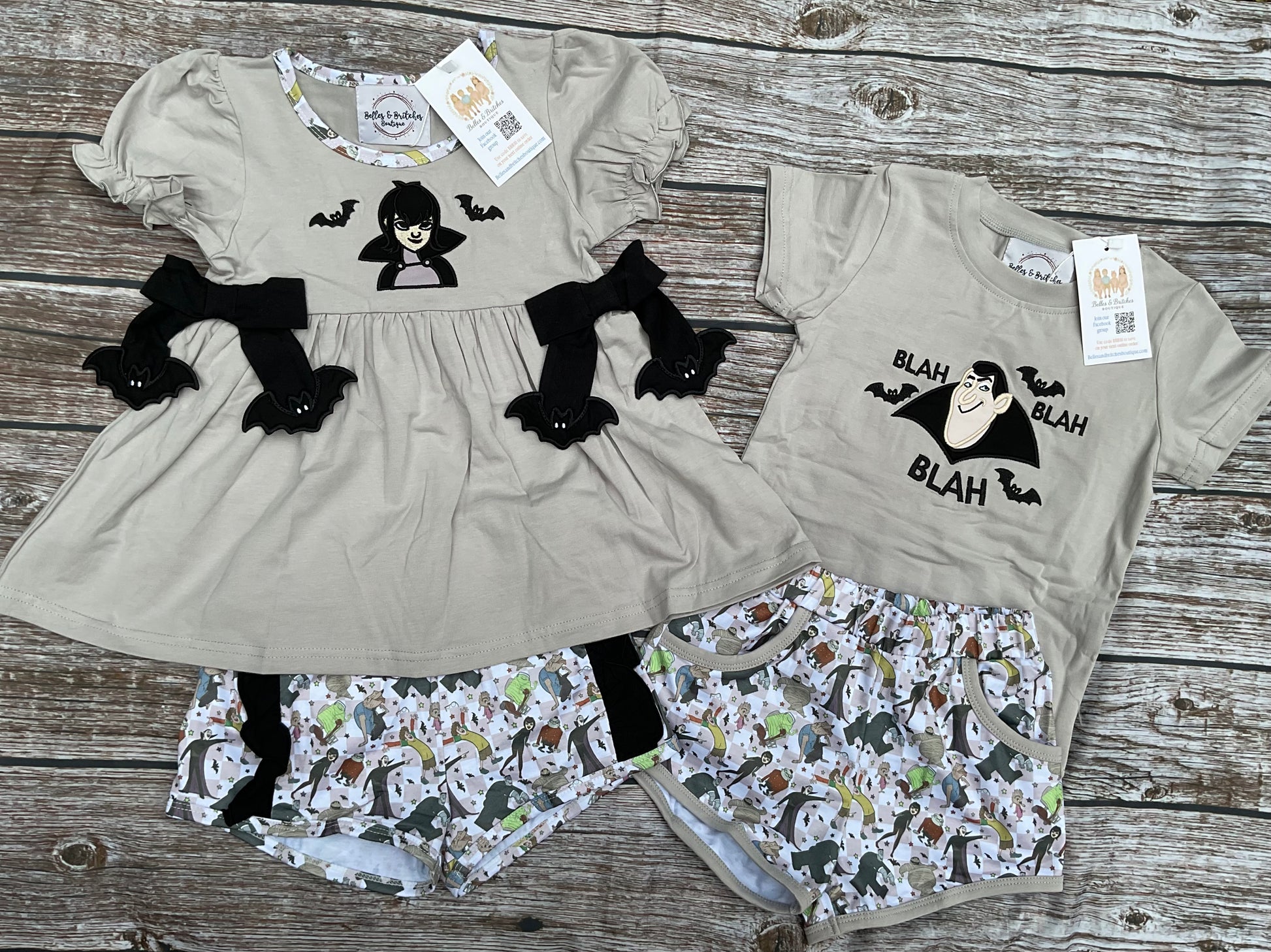 Spooky Monsters Halloween sibling matching short sets for girls and boys with bats and coordinating spooky print shorts