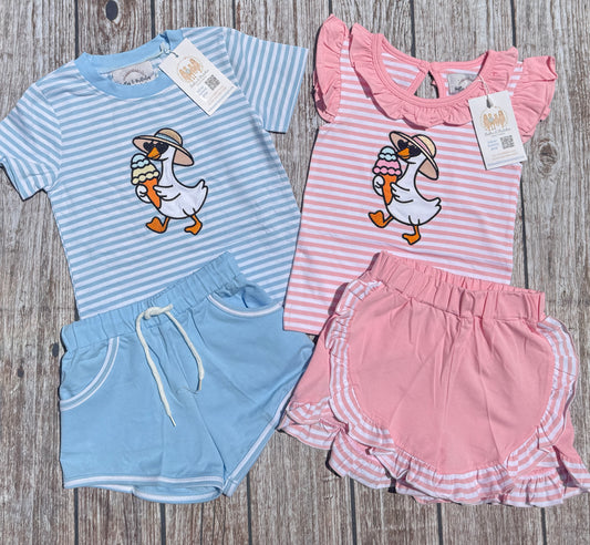 Boys and girls summertime goose sibling matching short sets with pink and blue striped embroidered tops and coordinating shorts