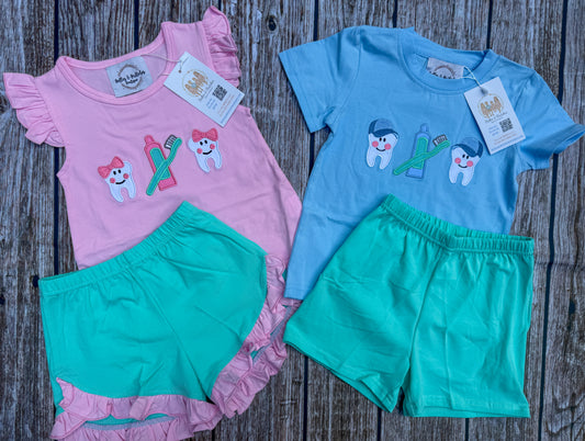 Sweet Tooth sibling matching short sets for boys and girls with embroidered teeth toothbrush and toothpaste designs