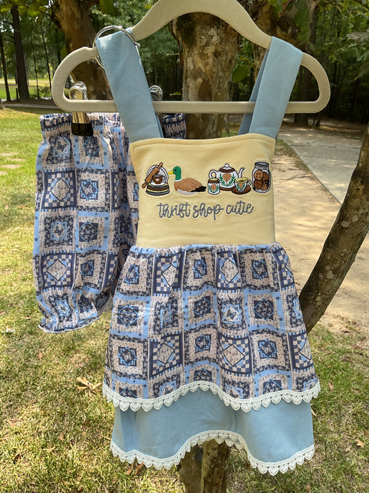 Thrifting With Mom girls embroidered short set with cream and blue top, blue patchwork print and coordinating ruffle shorts