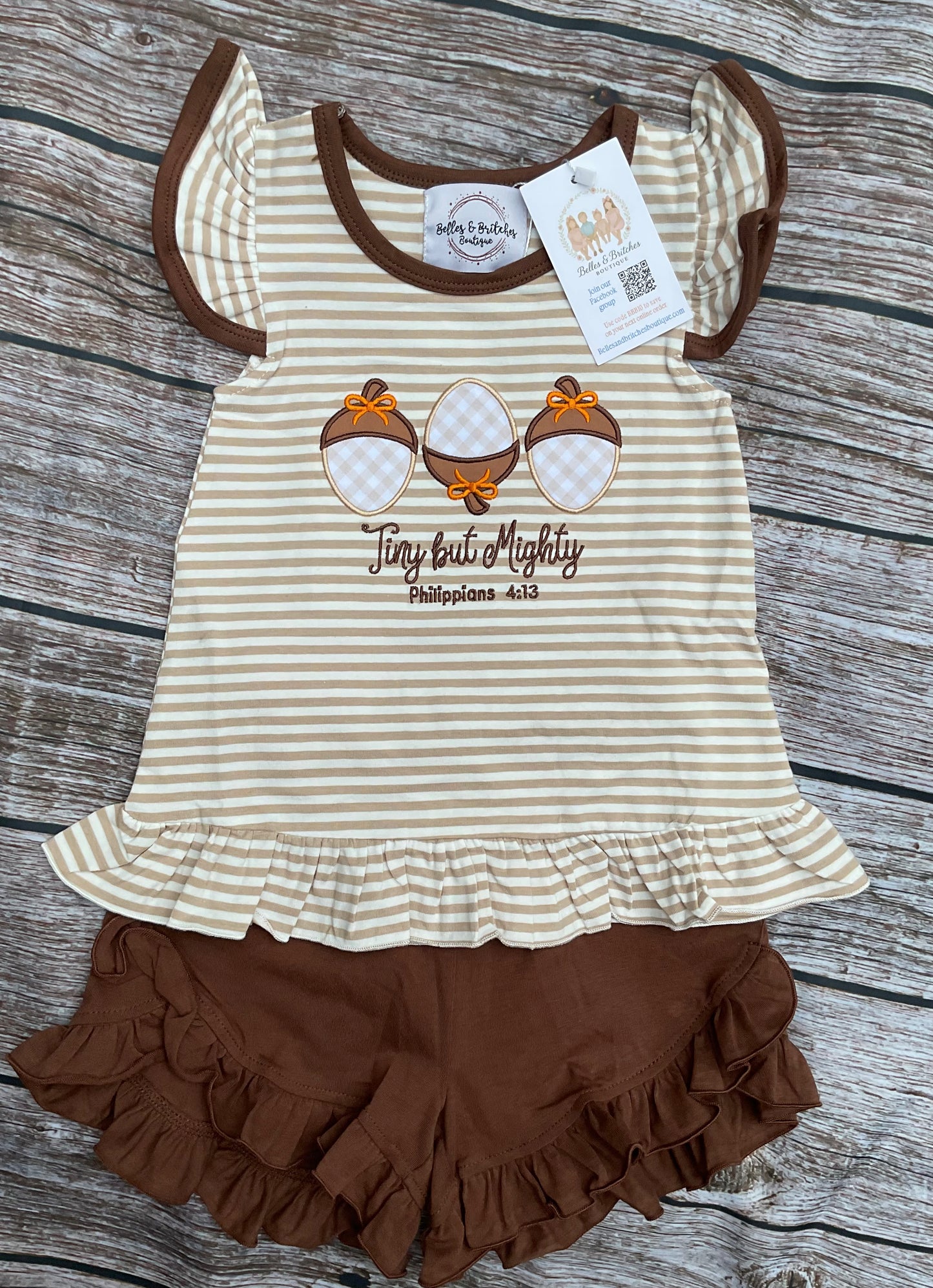 Tiny But Mighty girls fall short set with acorn appliqués, striped ruffle top and brown ruffle shorts