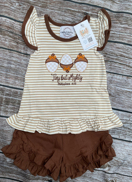 Tiny But Mighty girls fall short set with acorn appliqués, striped ruffle top and brown ruffle shorts