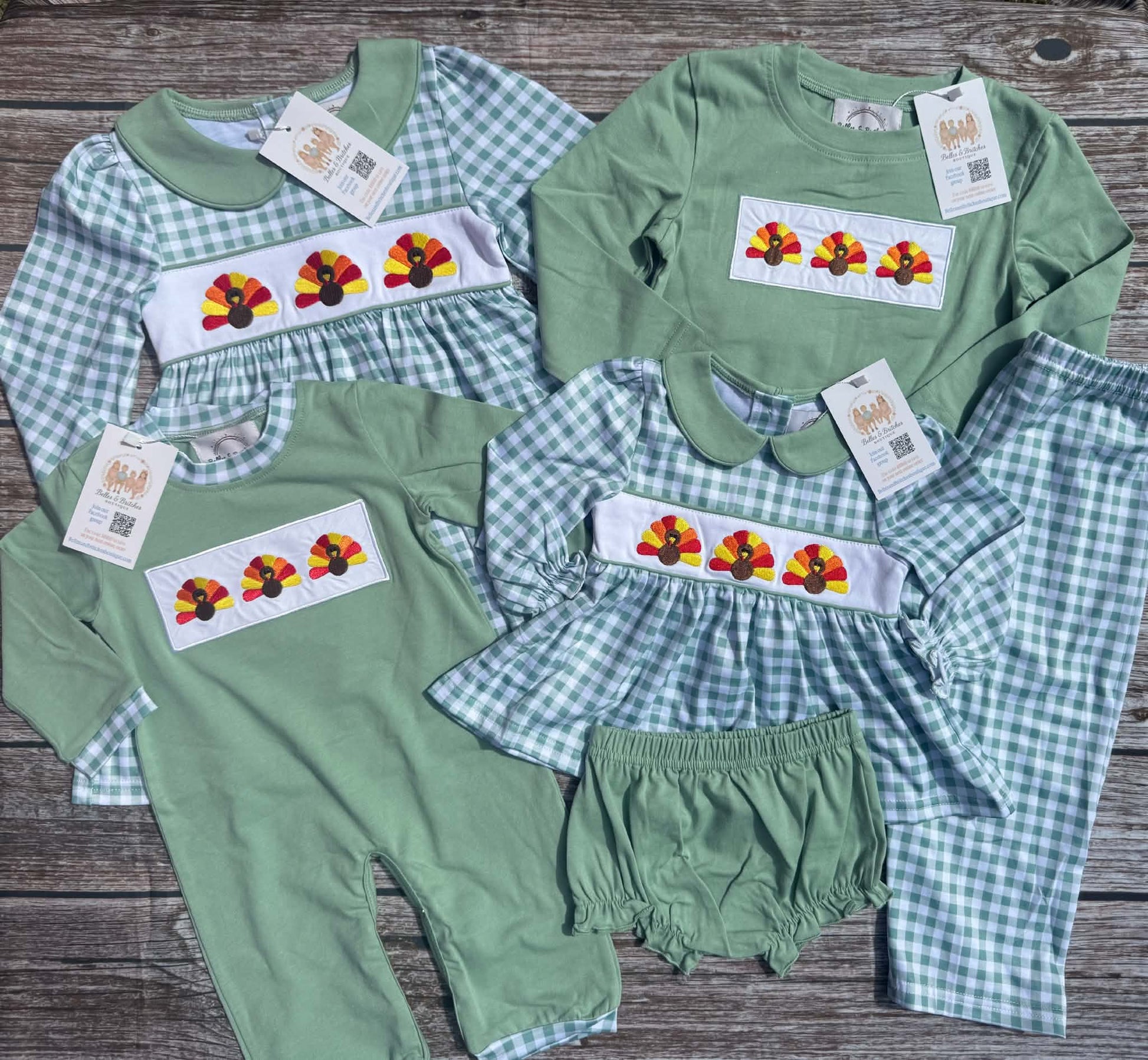 Turkey Trot Thanksgiving sibling collection with girls dress and bloomer set, boys pants set and romper featuring colorful turkey embroidery