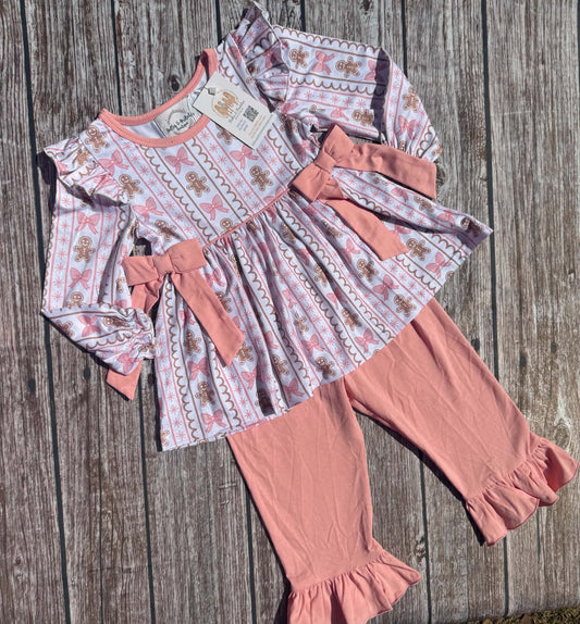 Girls Christmas pants set with gingerbread and pink bow print tunic, decorative bows and pink ruffle bell bottom pants