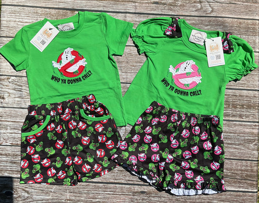 Who Ya Gonna Call Halloween sibling matching short sets for boys and girls with green ghost tops and coordinating black print shorts