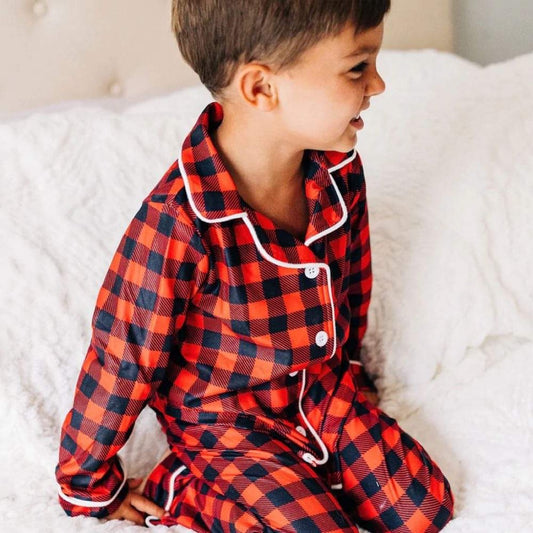 image of child wearing Buffalo Plaid Button Down PJs