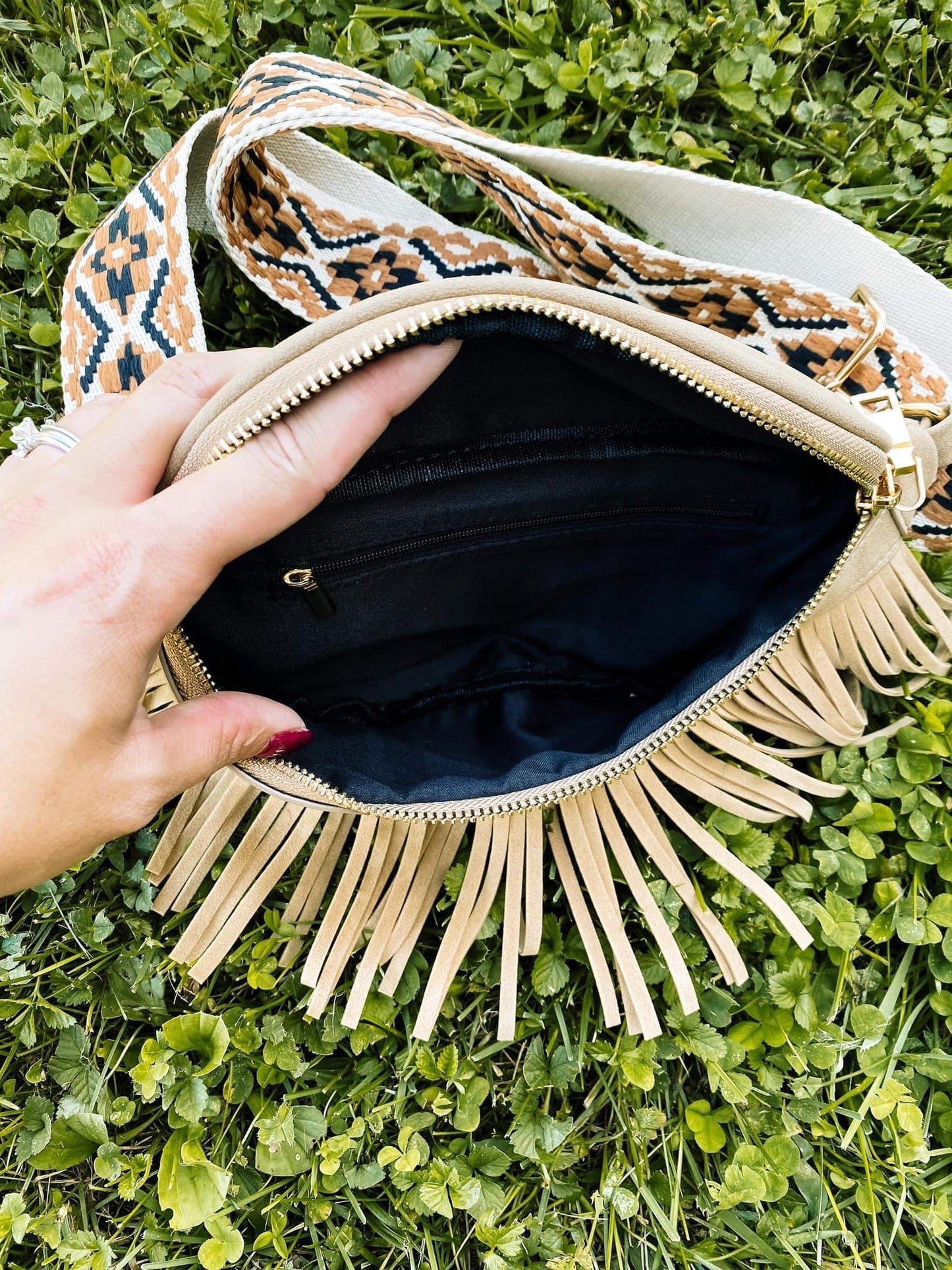 Fringe Suede Sling Bag w/ Embroidered Strap