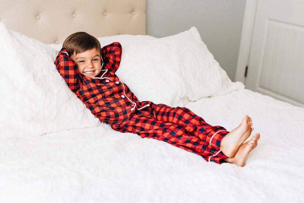 image of child wearing Buffalo Plaid Button Down PJs