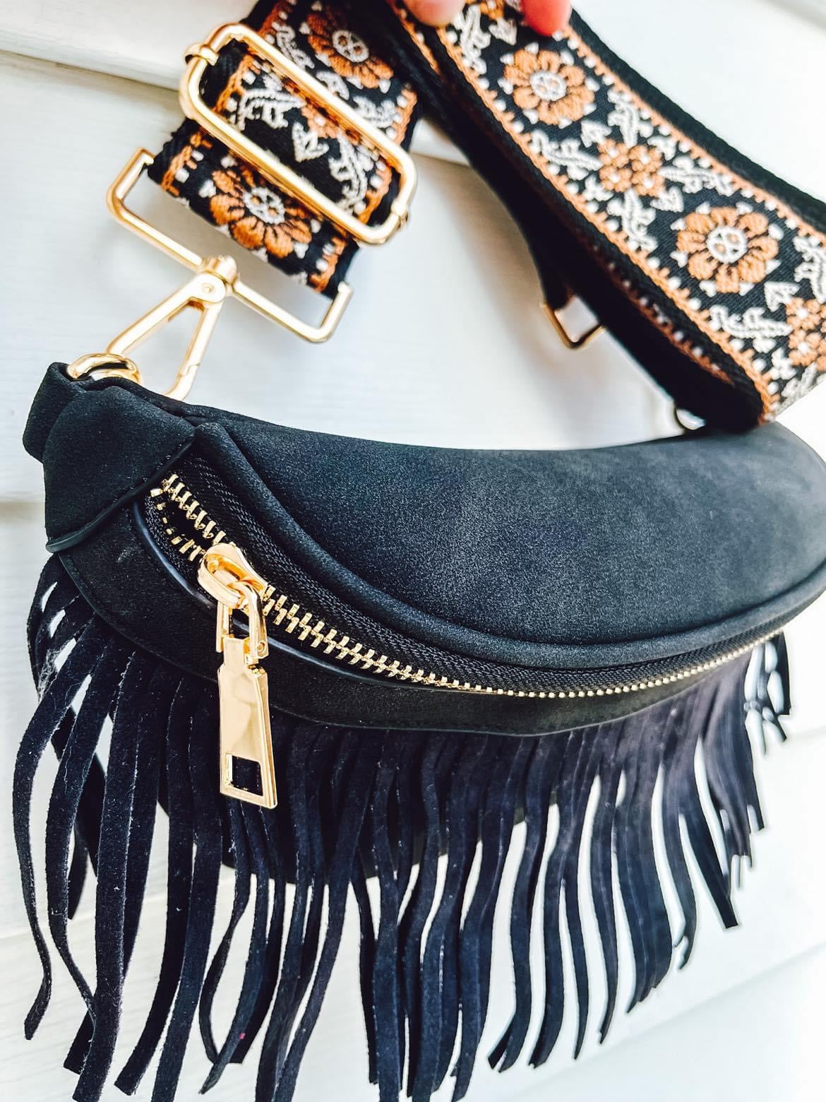 Fringe Suede Sling Bag w/ Embroidered Strap