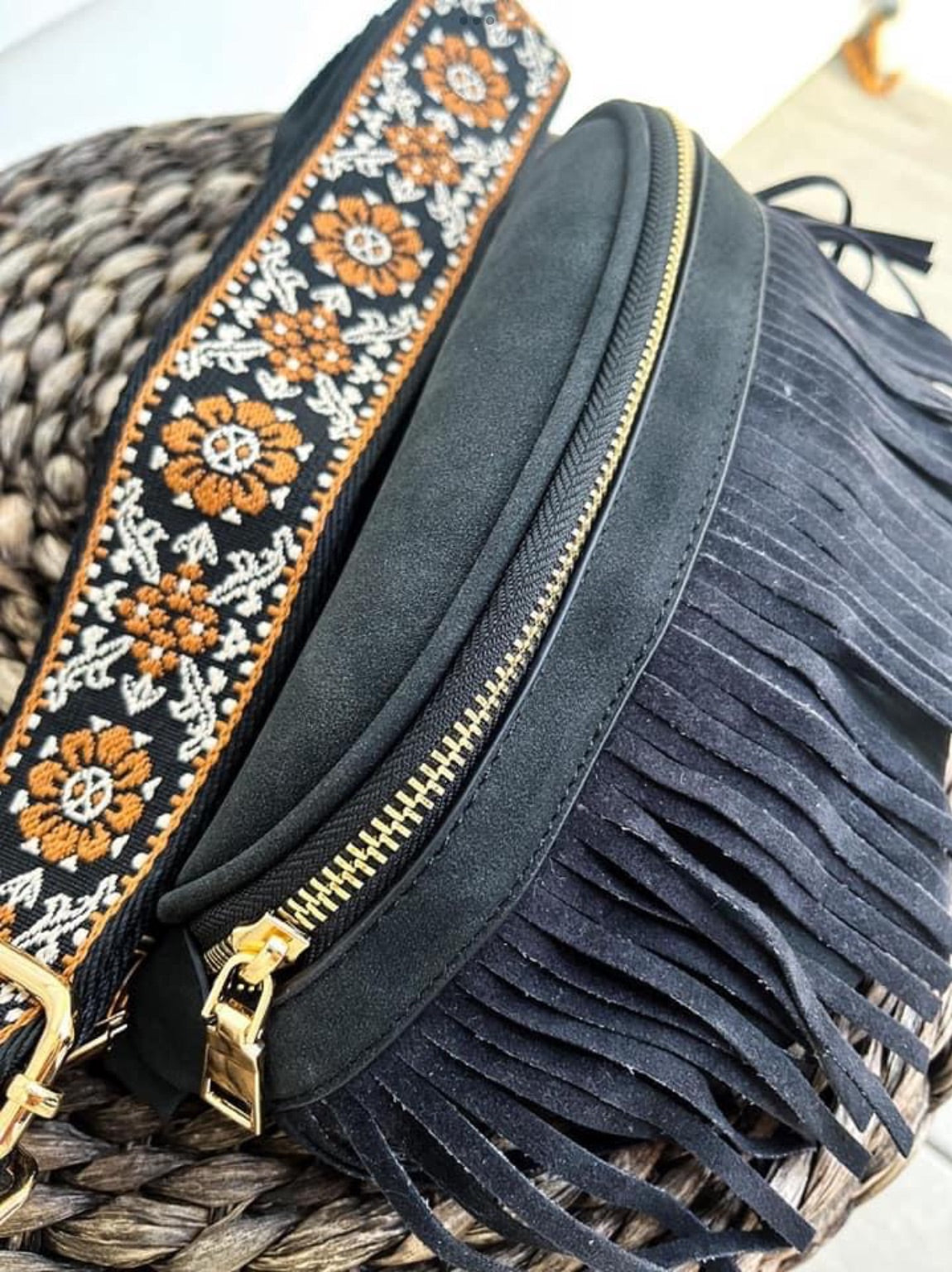 Fringe Suede Sling Bag w/ Embroidered Strap